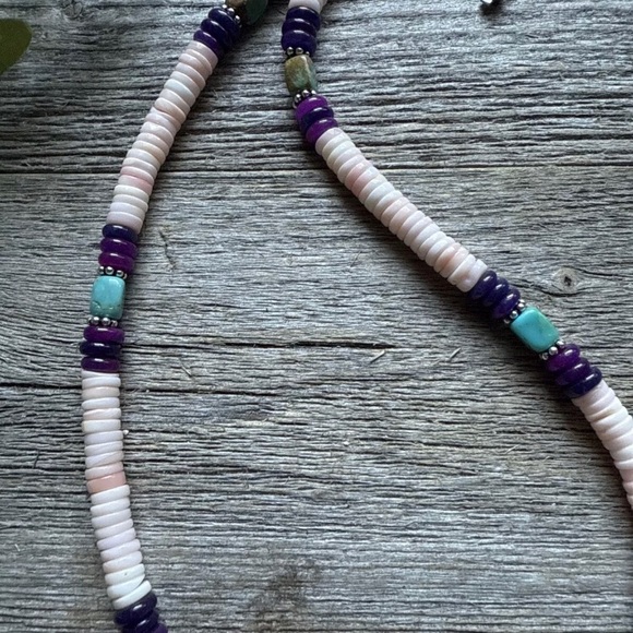 Southwestern Sterling Silver Pink Conch Multi Stone Bead Necklace. 18 Inch - Picture 8 of 12